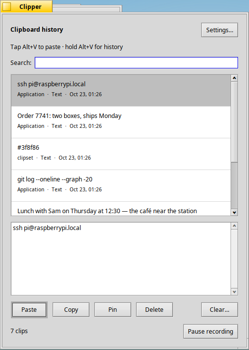 Clipper: Clipper’s clipboard history with text clips from several apps, a preview and pin controls.