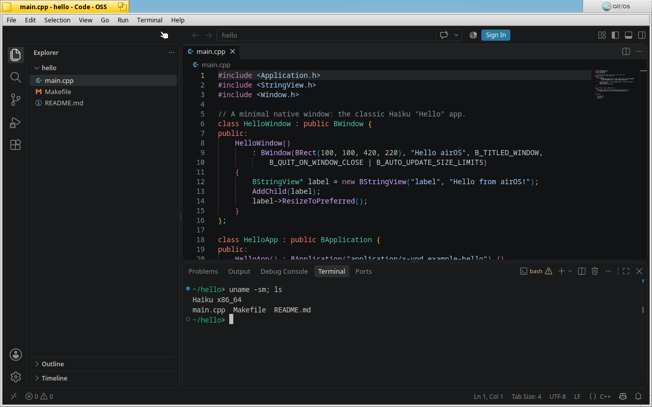 VS Code (Code - OSS): A small native Haiku C++ project in Code - OSS, with the explorer, C++ highlighting and the integrated terminal.