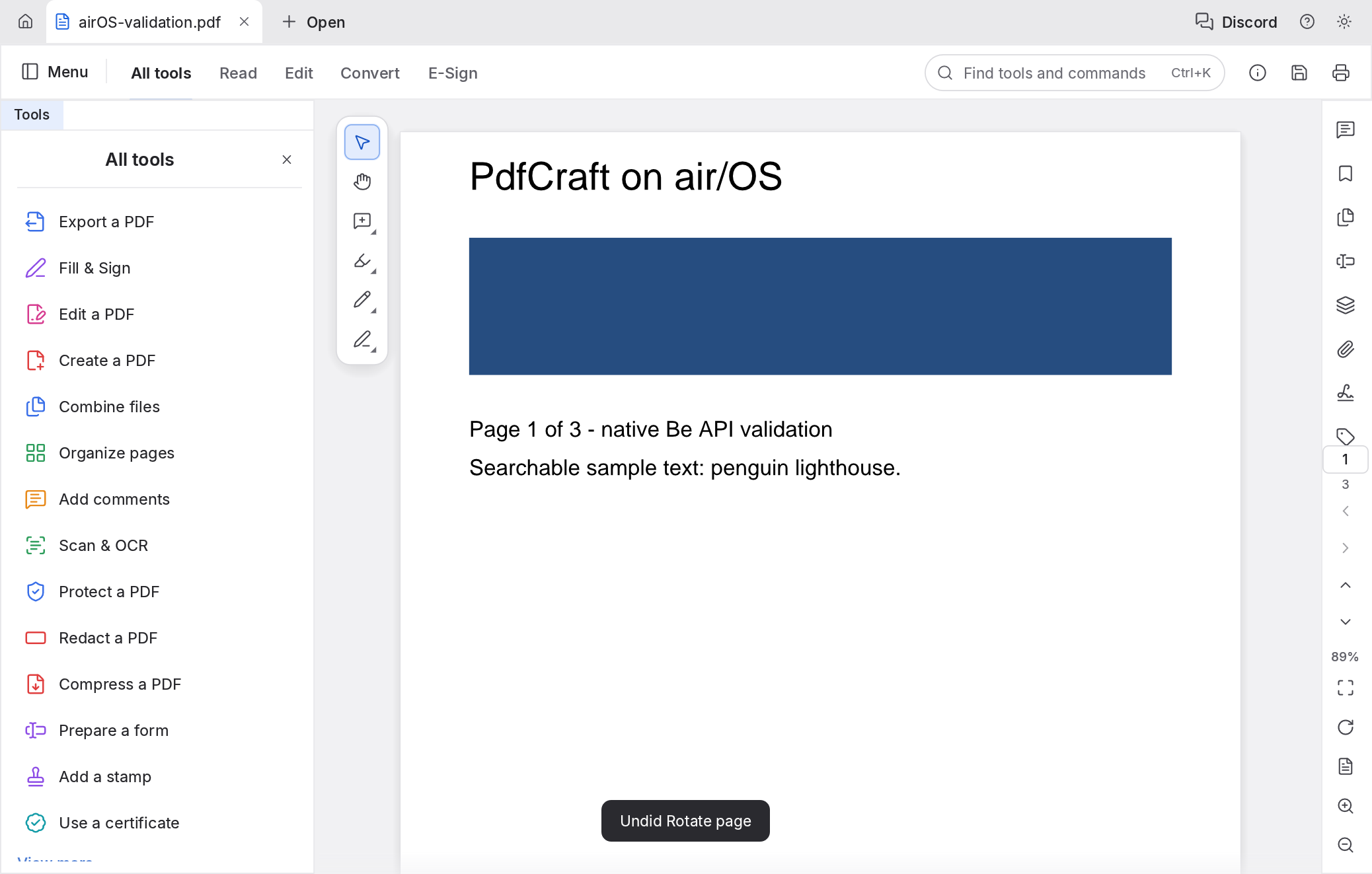 PDFCraft: Native Haiku port displaying the synthetic three-page PDF used in its validation.