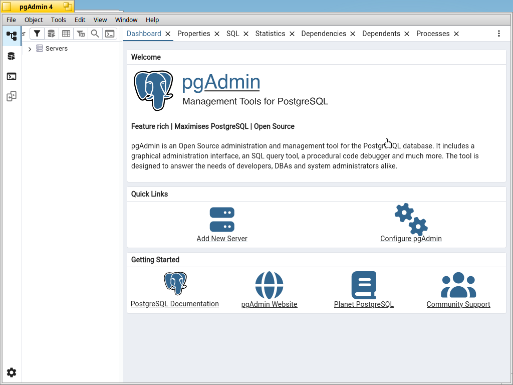 pgAdmin 4: pgAdmin 4 in its desktop mode on Aurora, with native menus and its dashboard.