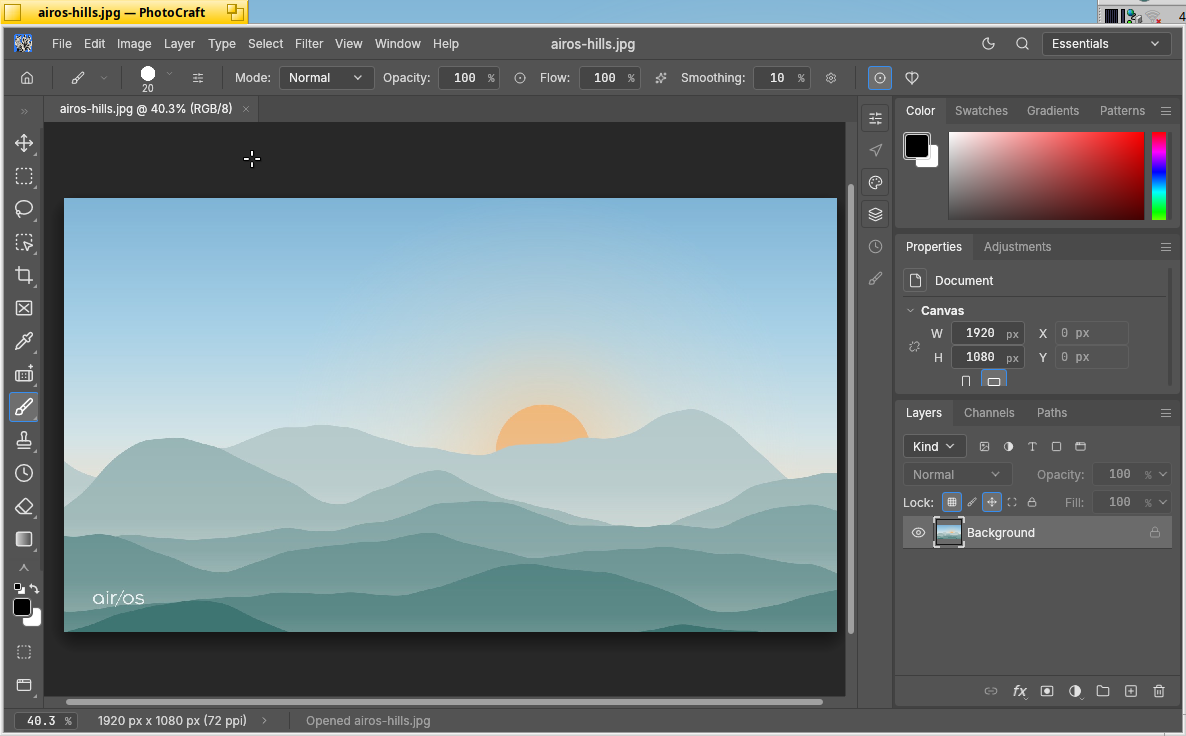 PhotoCraft: The airOS hills artwork open in PhotoCraft, with its tools, colour, properties and layers panels.