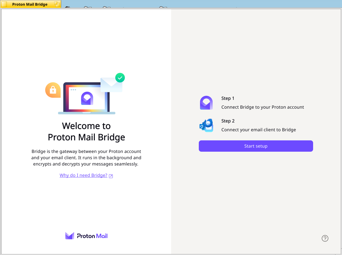 Proton Mail Bridge: Bridge’s welcome screen on airOS, ready to connect a Proton account and an email client.
