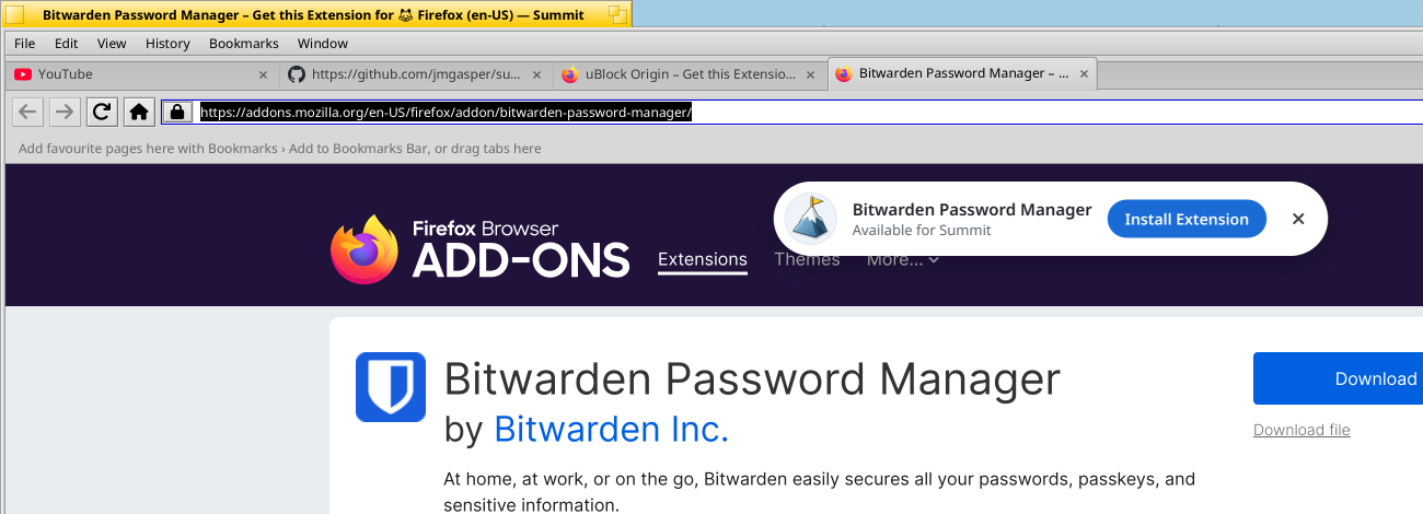 Summit offering to install an extension from Firefox Add-ons