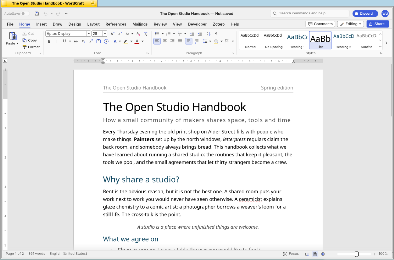 WordCraft running on Haiku
